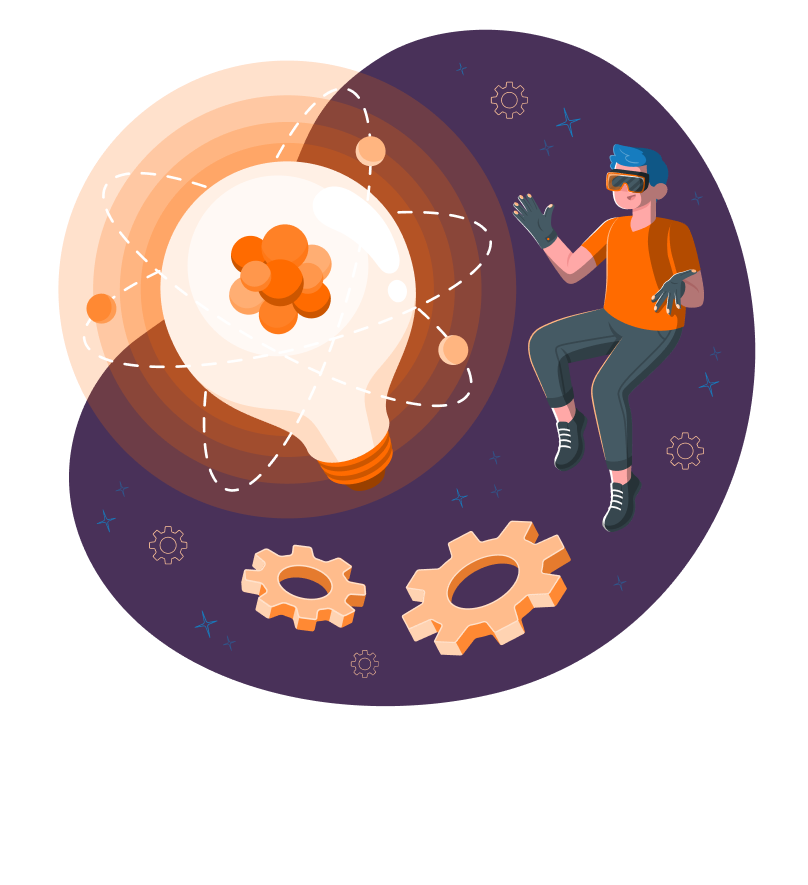 desenho_de_um_homem_flutuando_no_espaço_olhando_para_uma_lampada_luminosa_que_é_do_seu_tamanho_cercada_por_engrenagens_com_o_escrito_Desenvolvimento_de_sistemas